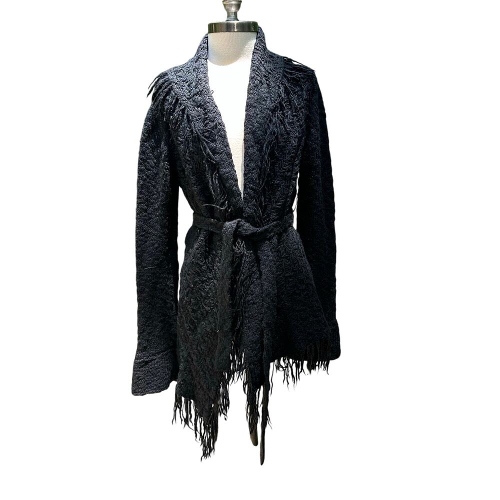 Sylvia Novelli Black Wool Blend Witchy Fringe Cardigan Tie Front Size Medium